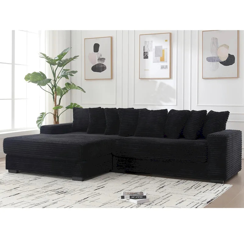 Canapé d'angle en velours côtelé avec méridienne à gauche, 3 places – Noir / Gris / Beige / Vert