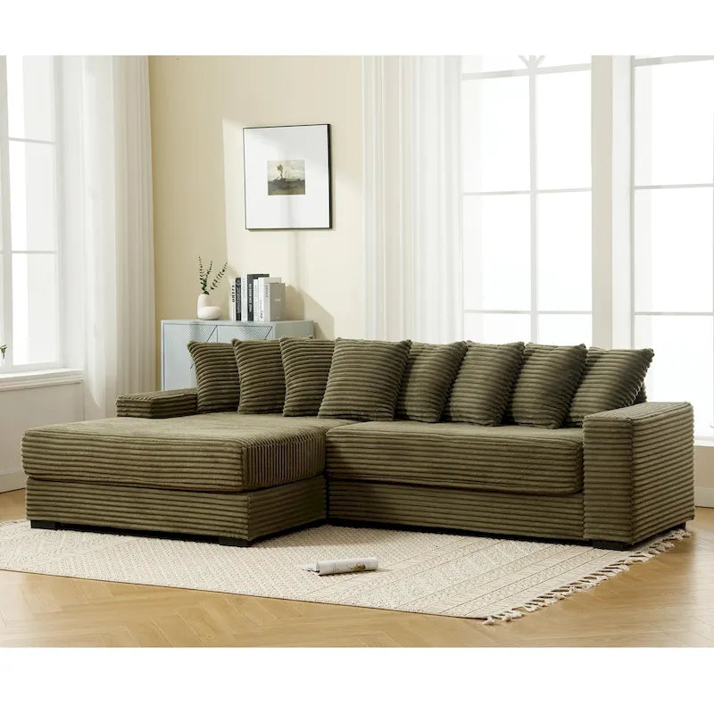 Canapé d'angle en velours côtelé avec méridienne à gauche, 3 places – Noir / Gris / Beige / Vert