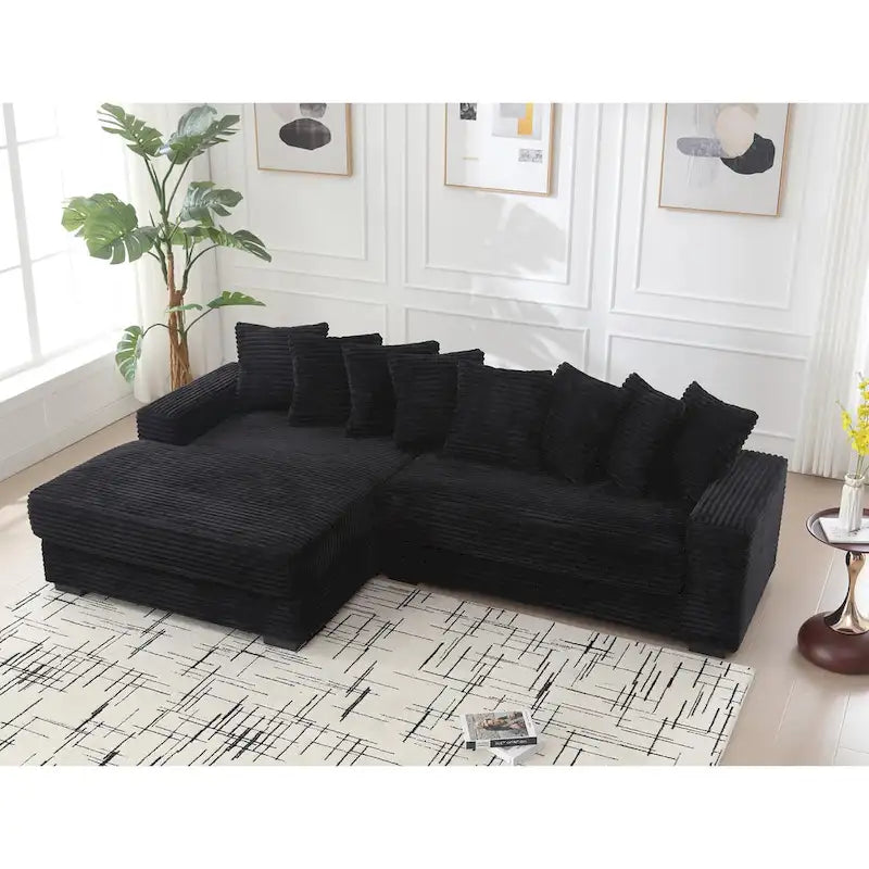 Canapé d'angle en velours côtelé avec méridienne à gauche, 3 places – Noir / Gris / Beige / Vert
