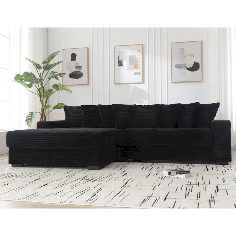 Canapé d'angle en velours côtelé avec méridienne à gauche, 3 places – Noir / Gris / Beige / Vert
