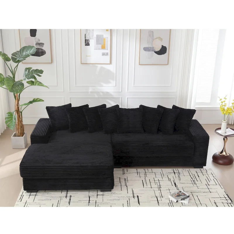 Canapé d'angle en velours côtelé avec méridienne à gauche, 3 places – Noir / Gris / Beige / Vert