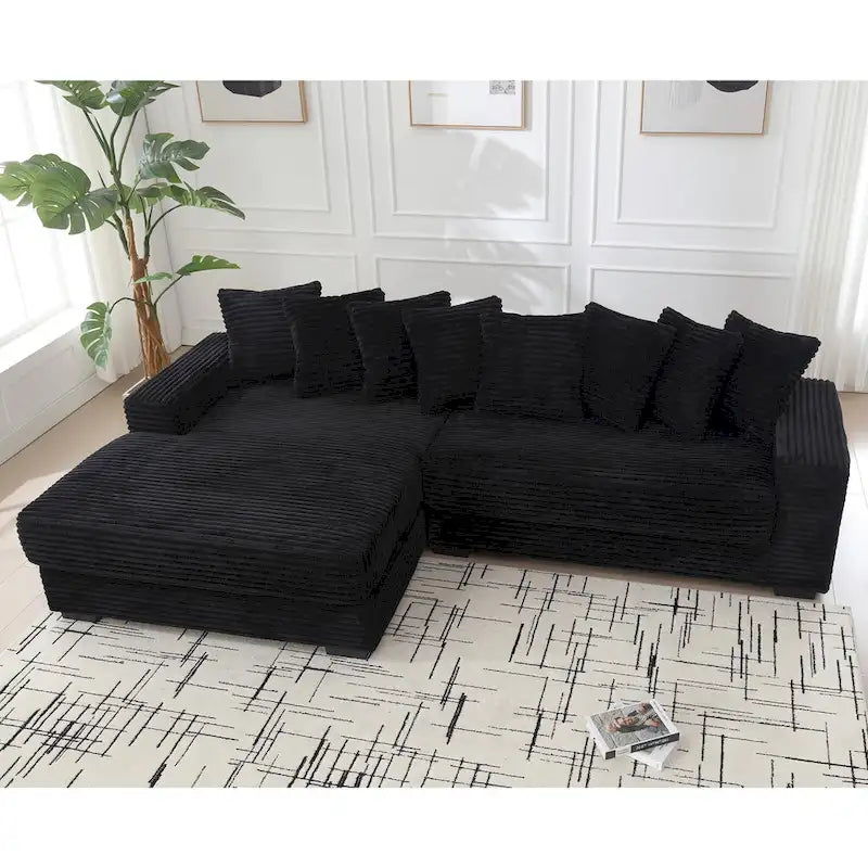 Canapé d'angle en velours côtelé avec méridienne à gauche, 3 places – Noir / Gris / Beige / Vert