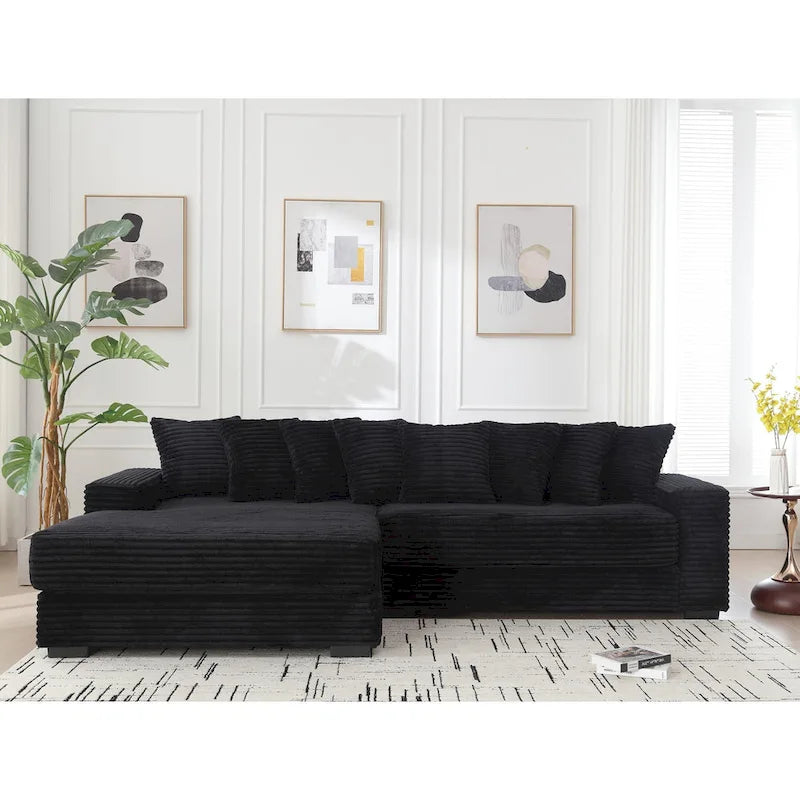 Canapé d'angle en velours côtelé avec méridienne à gauche, 3 places – Noir / Gris / Beige / Vert