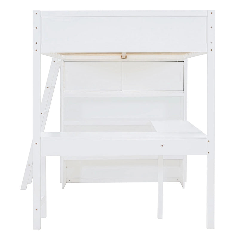 Lit mezzanine blanc avec bureau et étagères – Couchage simple