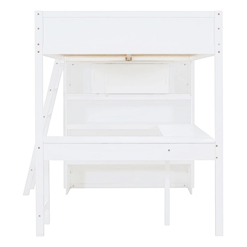 Lit mezzanine blanc avec bureau et étagères – Couchage simple