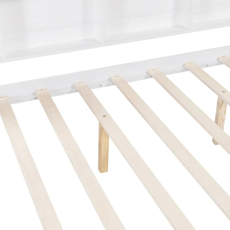 Lit double pour enfants de style "Maison Blanche" avec toit, étagère et lit gigogne – Pour 2 personnes