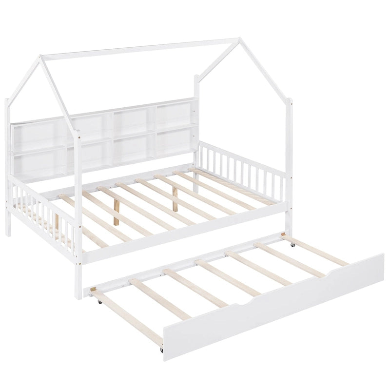 Lit double pour enfants de style "Maison Blanche" avec toit, étagère et lit gigogne – Pour 2 personnes