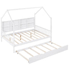 Lit double pour enfants de style "Maison Blanche" avec toit, étagère et lit gigogne – Pour 2 personnes
