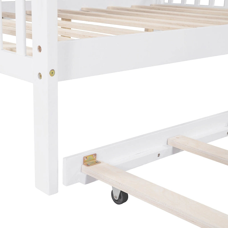 Lit double pour enfants de style "Maison Blanche" avec toit, étagère et lit gigogne – Pour 2 personnes