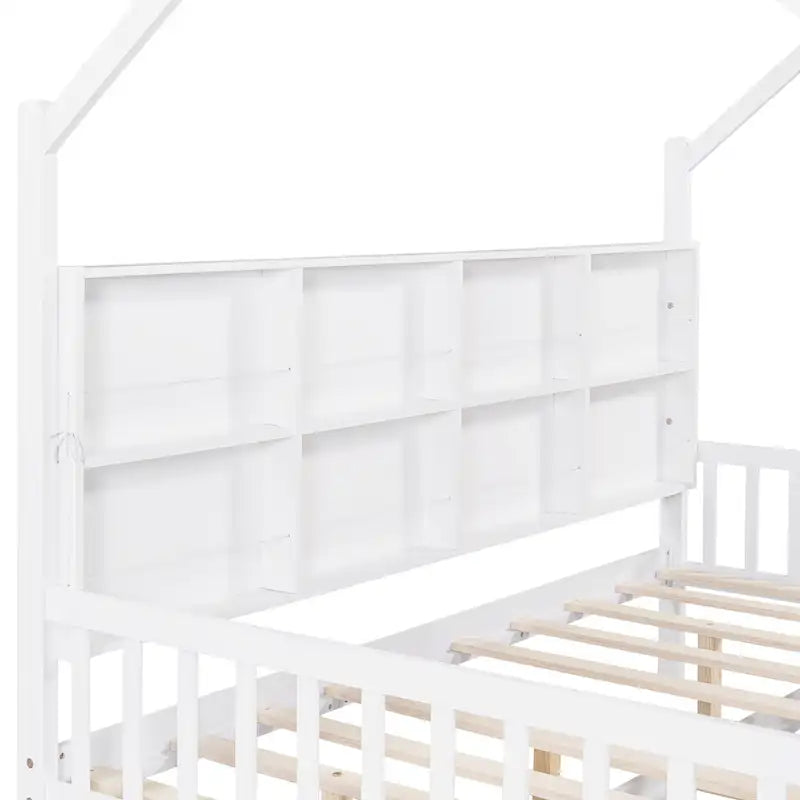 Lit double pour enfants de style "Maison Blanche" avec toit, étagère et lit gigogne – Pour 2 personnes