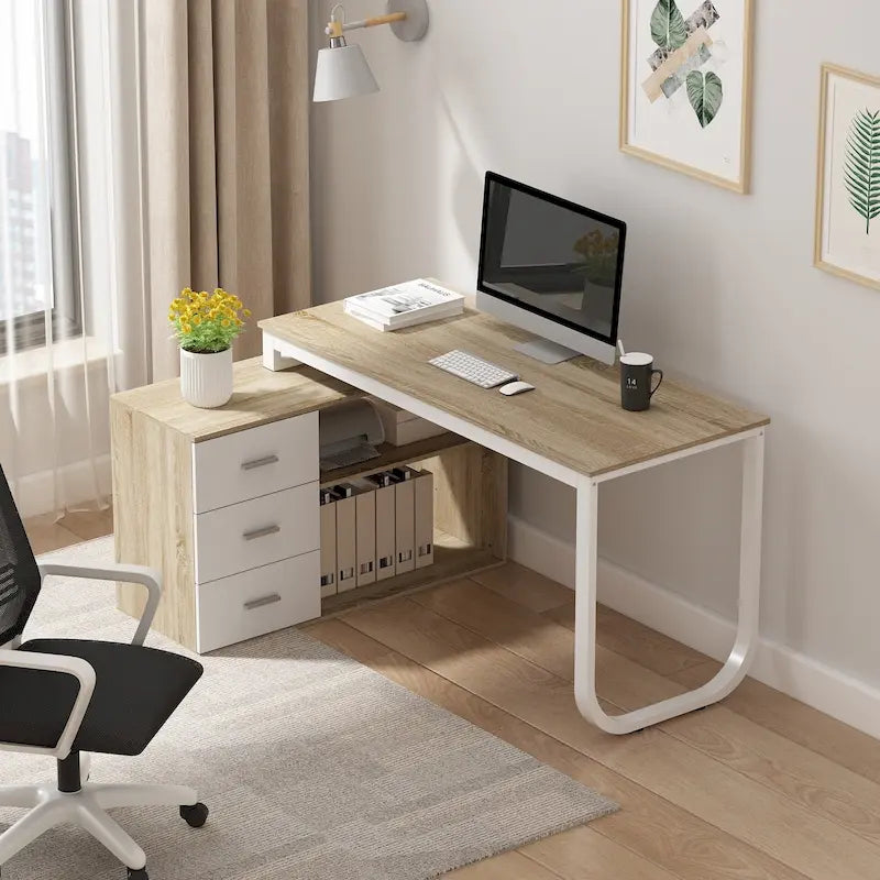 Bureau d'angle en L pour ordinateur de 140 cm avec tiroirs | Chêne / Gris-brun / Marron foncé / Noir / Blanc | 1 personne