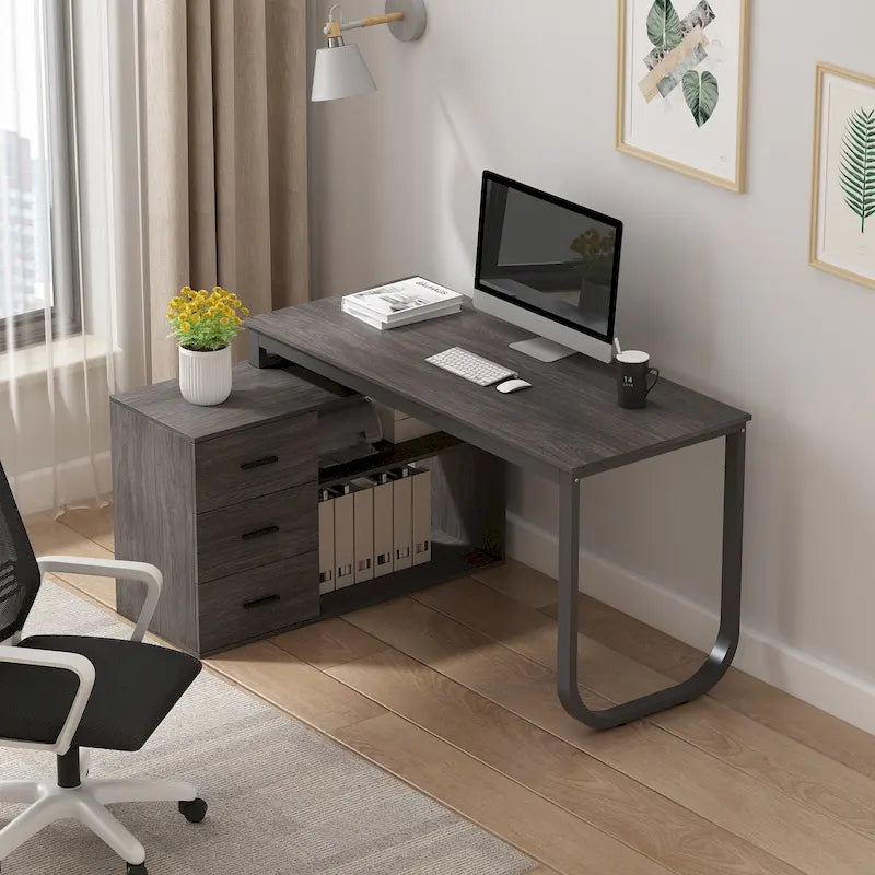 Bureau d'angle en L pour ordinateur de 140 cm avec tiroirs | Chêne / Gris-brun / Marron foncé / Noir / Blanc | 1 personne