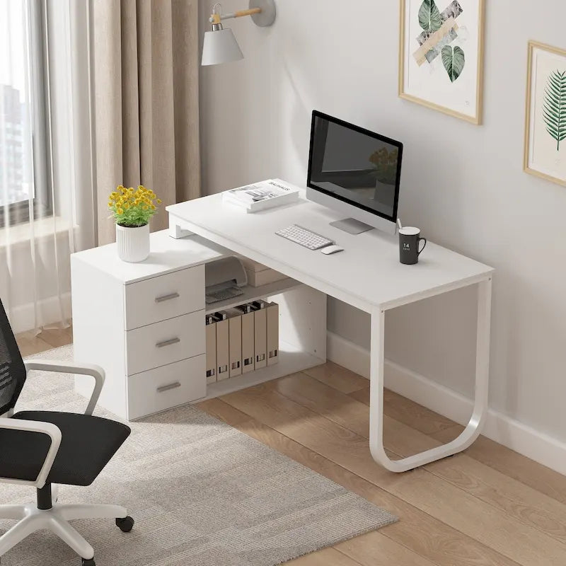 Bureau d'angle en L pour ordinateur de 140 cm avec tiroirs | Chêne / Gris-brun / Marron foncé / Noir / Blanc | 1 personne