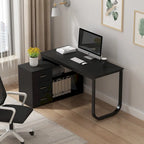 Bureau d'angle en L pour ordinateur de 140 cm avec tiroirs | Chêne / Gris-brun / Marron foncé / Noir / Blanc | 1 personne