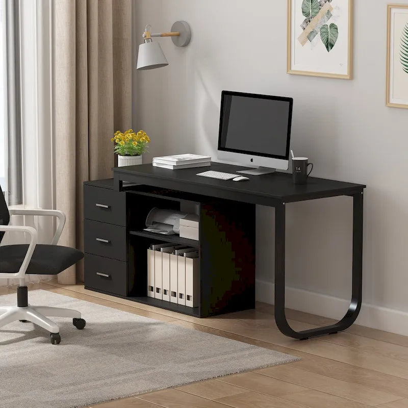 Bureau d'angle en L pour ordinateur de 140 cm avec tiroirs | Chêne / Gris-brun / Marron foncé / Noir / Blanc | 1 personne