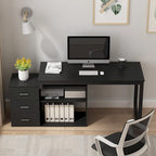 Bureau d'angle en L pour ordinateur de 140 cm avec tiroirs | Chêne / Gris-brun / Marron foncé / Noir / Blanc | 1 personne