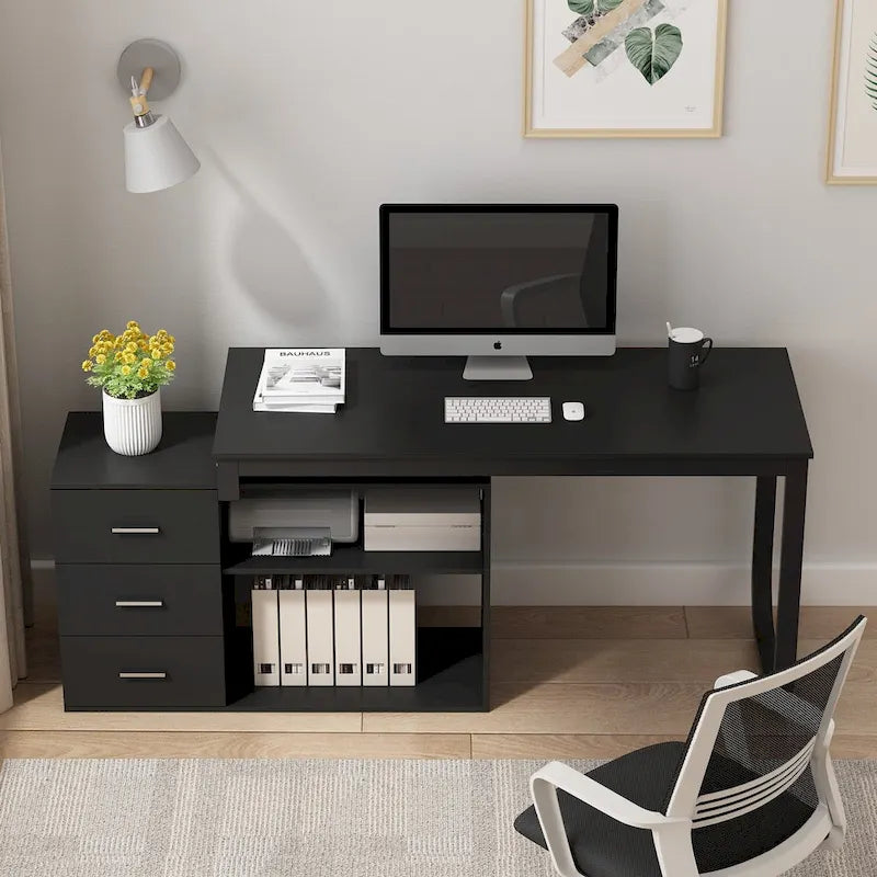 Bureau d'angle en L pour ordinateur de 140 cm avec tiroirs | Chêne / Gris-brun / Marron foncé / Noir / Blanc | 1 personne