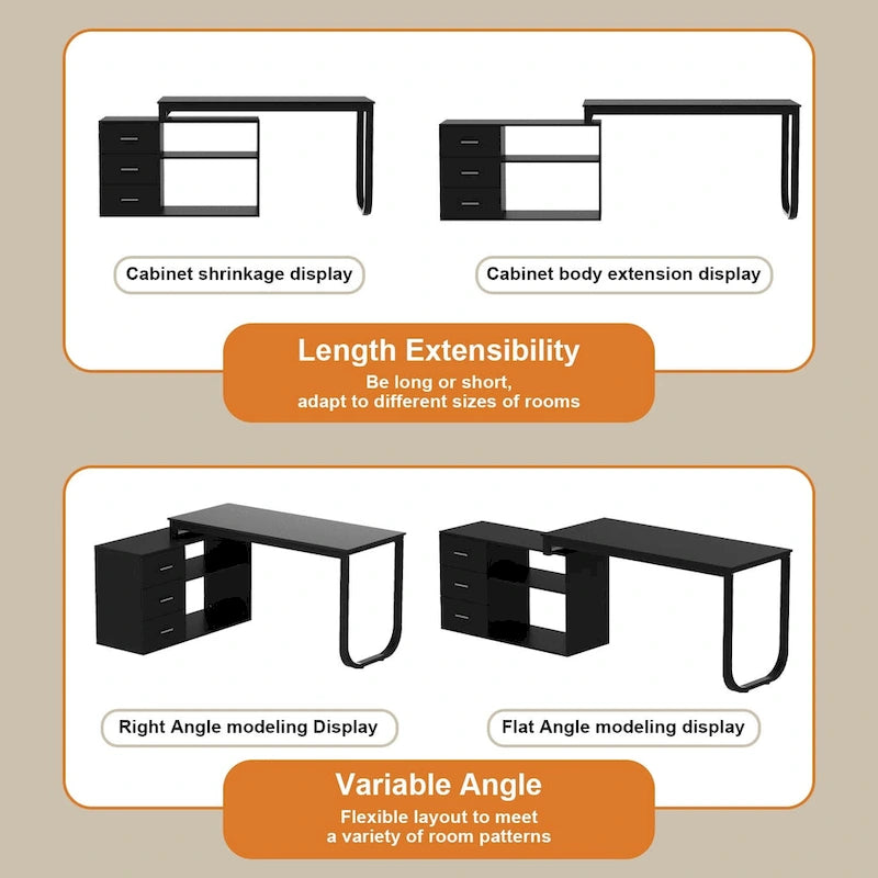 Bureau d'angle en L pour ordinateur de 140 cm avec tiroirs | Chêne / Gris-brun / Marron foncé / Noir / Blanc | 1 personne