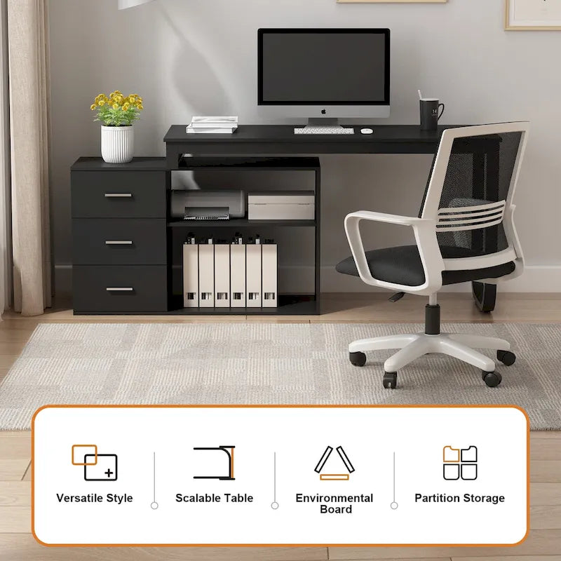 Bureau d'angle en L pour ordinateur de 140 cm avec tiroirs | Chêne / Gris-brun / Marron foncé / Noir / Blanc | 1 personne