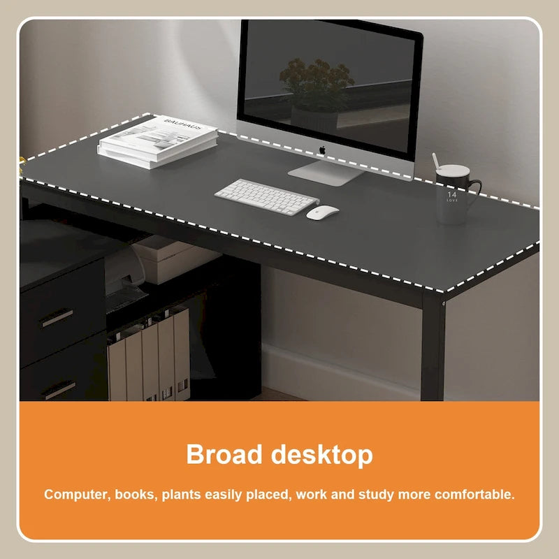 Bureau d'angle en L pour ordinateur de 140 cm avec tiroirs | Chêne / Gris-brun / Marron foncé / Noir / Blanc | 1 personne