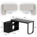 Bureau d'angle en L pour ordinateur de 140 cm avec tiroirs | Chêne / Gris-brun / Marron foncé / Noir / Blanc | 1 personne