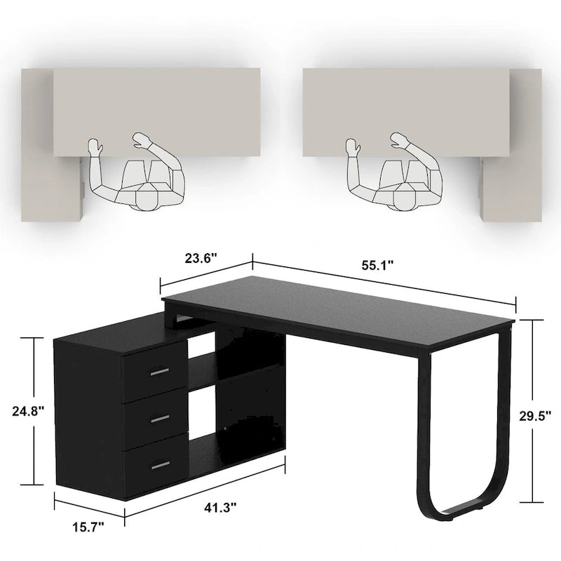 Bureau d'angle en L pour ordinateur de 140 cm avec tiroirs | Chêne / Gris-brun / Marron foncé / Noir / Blanc | 1 personne