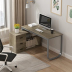 Bureau d'angle en L pour ordinateur de 140 cm avec tiroirs | Chêne / Gris-brun / Marron foncé / Noir / Blanc | 1 personne