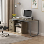 Bureau d'angle en L pour ordinateur de 140 cm avec tiroirs | Chêne / Gris-brun / Marron foncé / Noir / Blanc | 1 personne