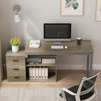 Bureau d'angle en L pour ordinateur de 140 cm avec tiroirs | Chêne / Gris-brun / Marron foncé / Noir / Blanc | 1 personne