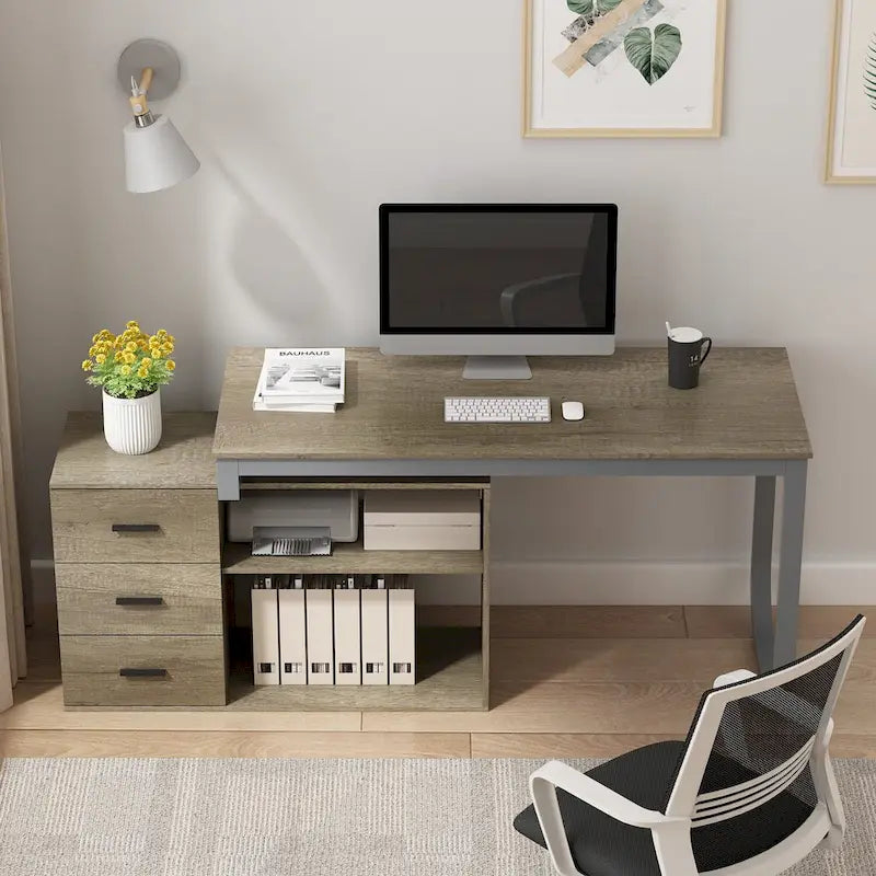 Bureau d'angle en L pour ordinateur de 140 cm avec tiroirs | Chêne / Gris-brun / Marron foncé / Noir / Blanc | 1 personne