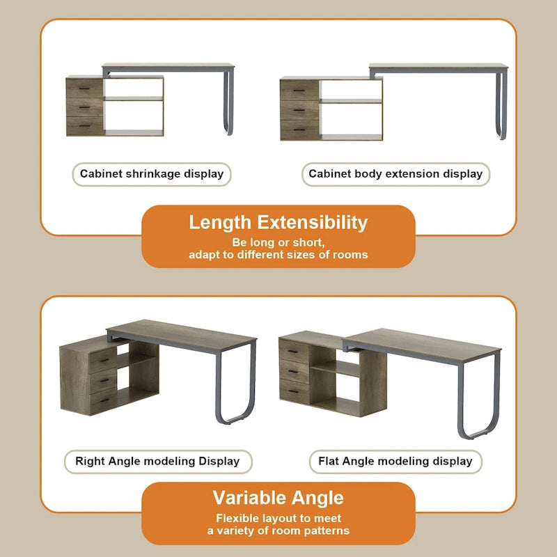 Bureau d'angle en L pour ordinateur de 140 cm avec tiroirs | Chêne / Gris-brun / Marron foncé / Noir / Blanc | 1 personne