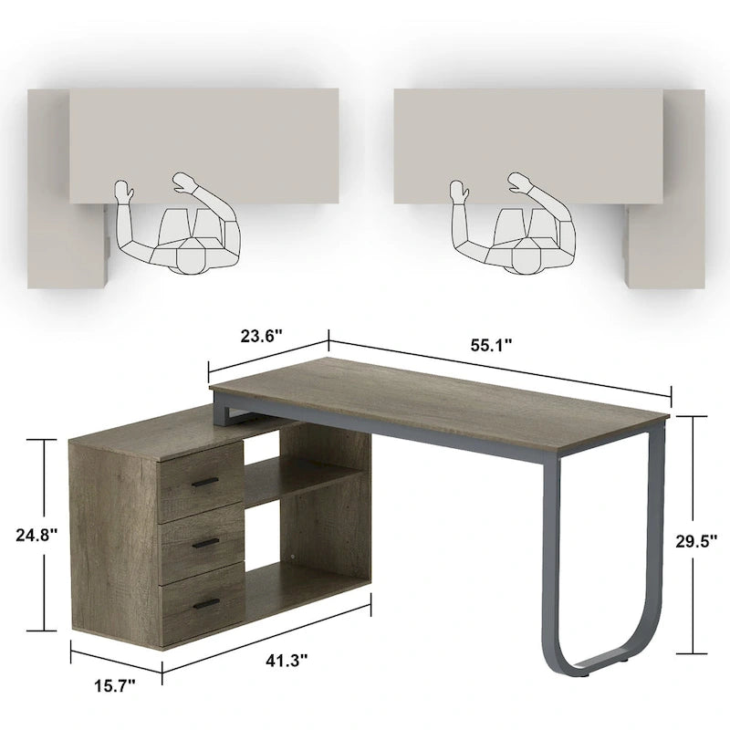 Bureau d'angle en L pour ordinateur de 140 cm avec tiroirs | Chêne / Gris-brun / Marron foncé / Noir / Blanc | 1 personne