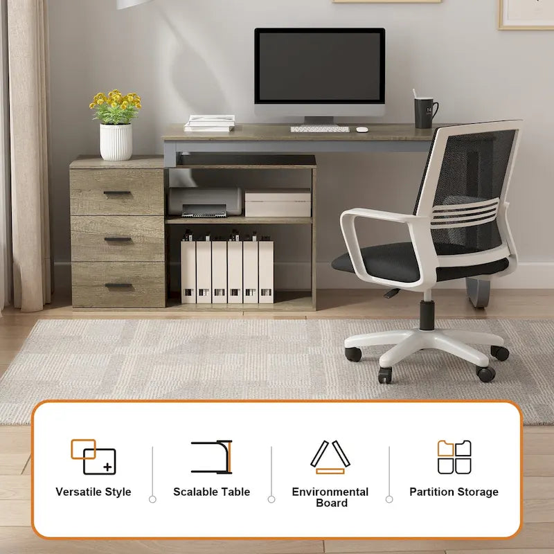 Bureau d'angle en L pour ordinateur de 140 cm avec tiroirs | Chêne / Gris-brun / Marron foncé / Noir / Blanc | 1 personne