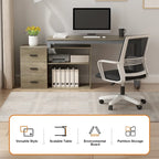 Bureau d'angle en L pour ordinateur de 140 cm avec tiroirs | Chêne / Gris-brun / Marron foncé / Noir / Blanc | 1 personne