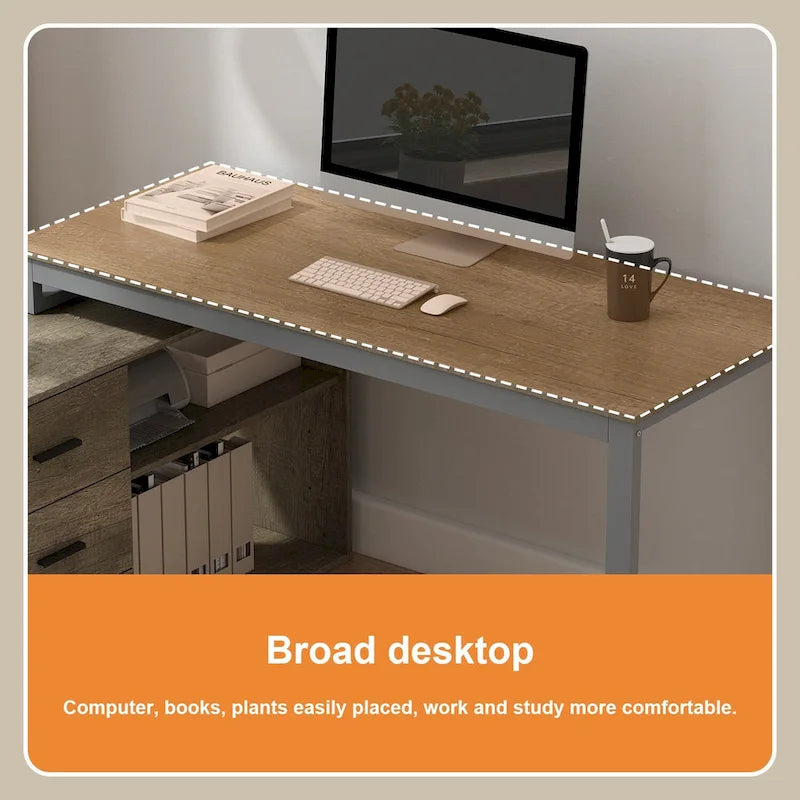 Bureau d'angle en L pour ordinateur de 140 cm avec tiroirs | Chêne / Gris-brun / Marron foncé / Noir / Blanc | 1 personne