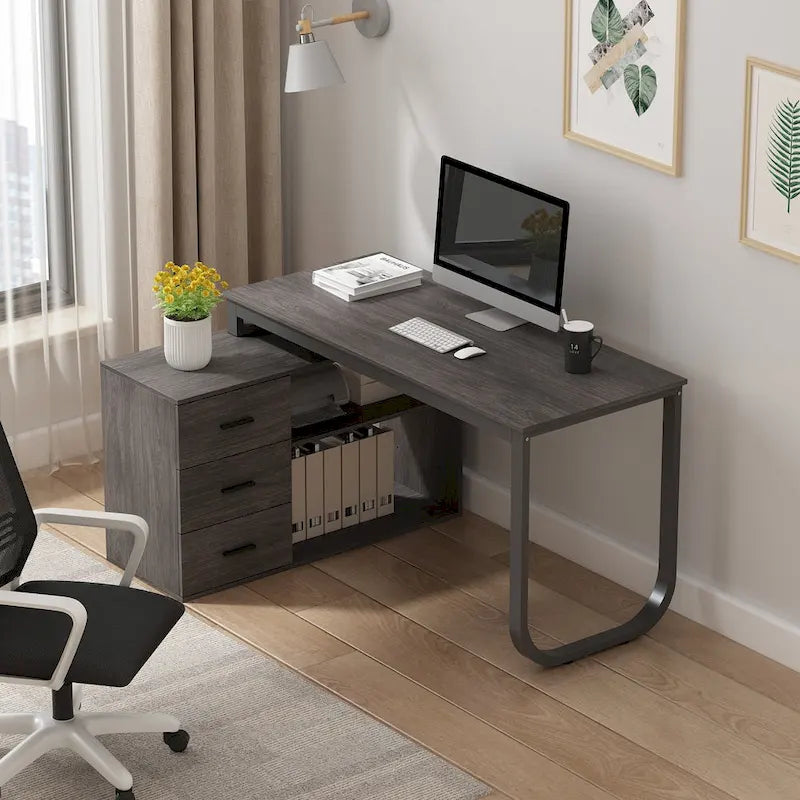 Bureau d'angle en L pour ordinateur de 140 cm avec tiroirs | Chêne / Gris-brun / Marron foncé / Noir / Blanc | 1 personne