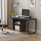 Bureau d'angle en L pour ordinateur de 140 cm avec tiroirs | Chêne / Gris-brun / Marron foncé / Noir / Blanc | 1 personne