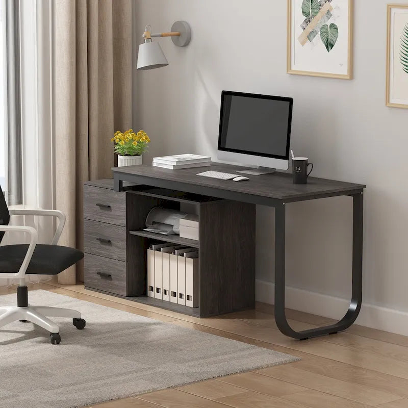 Bureau d'angle en L pour ordinateur de 140 cm avec tiroirs | Chêne / Gris-brun / Marron foncé / Noir / Blanc | 1 personne