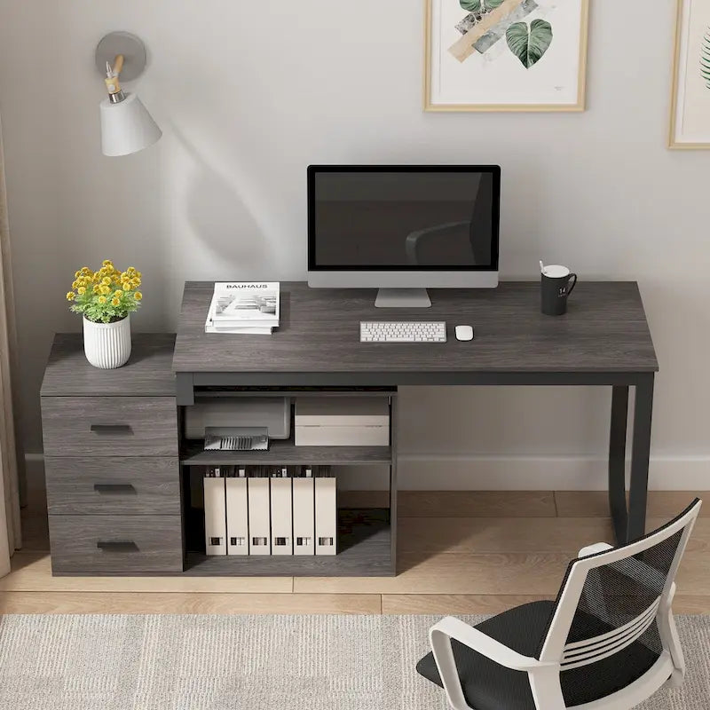 Bureau d'angle en L pour ordinateur de 140 cm avec tiroirs | Chêne / Gris-brun / Marron foncé / Noir / Blanc | 1 personne