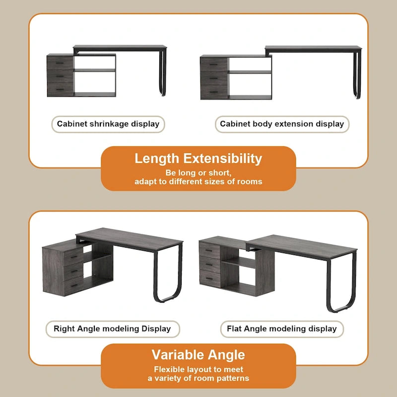 Bureau d'angle en L pour ordinateur de 140 cm avec tiroirs | Chêne / Gris-brun / Marron foncé / Noir / Blanc | 1 personne