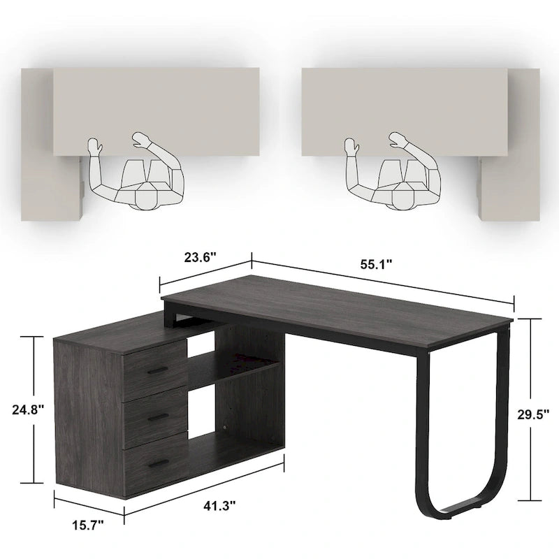 Bureau d'angle en L pour ordinateur de 140 cm avec tiroirs | Chêne / Gris-brun / Marron foncé / Noir / Blanc | 1 personne