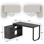 Bureau d'angle en L pour ordinateur de 140 cm avec tiroirs | Chêne / Gris-brun / Marron foncé / Noir / Blanc | 1 personne