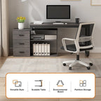 Bureau d'angle en L pour ordinateur de 140 cm avec tiroirs | Chêne / Gris-brun / Marron foncé / Noir / Blanc | 1 personne
