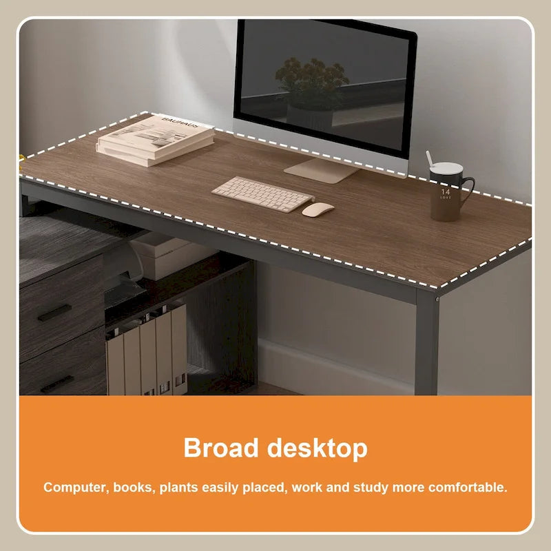 Bureau d'angle en L pour ordinateur de 140 cm avec tiroirs | Chêne / Gris-brun / Marron foncé / Noir / Blanc | 1 personne