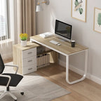 Bureau d'angle en L pour ordinateur de 140 cm avec tiroirs | Chêne / Gris-brun / Marron foncé / Noir / Blanc | 1 personne