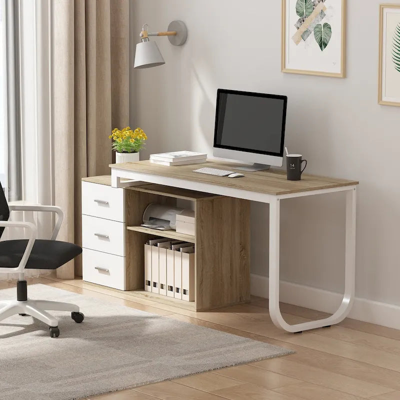 Bureau d'angle en L pour ordinateur de 140 cm avec tiroirs | Chêne / Gris-brun / Marron foncé / Noir / Blanc | 1 personne