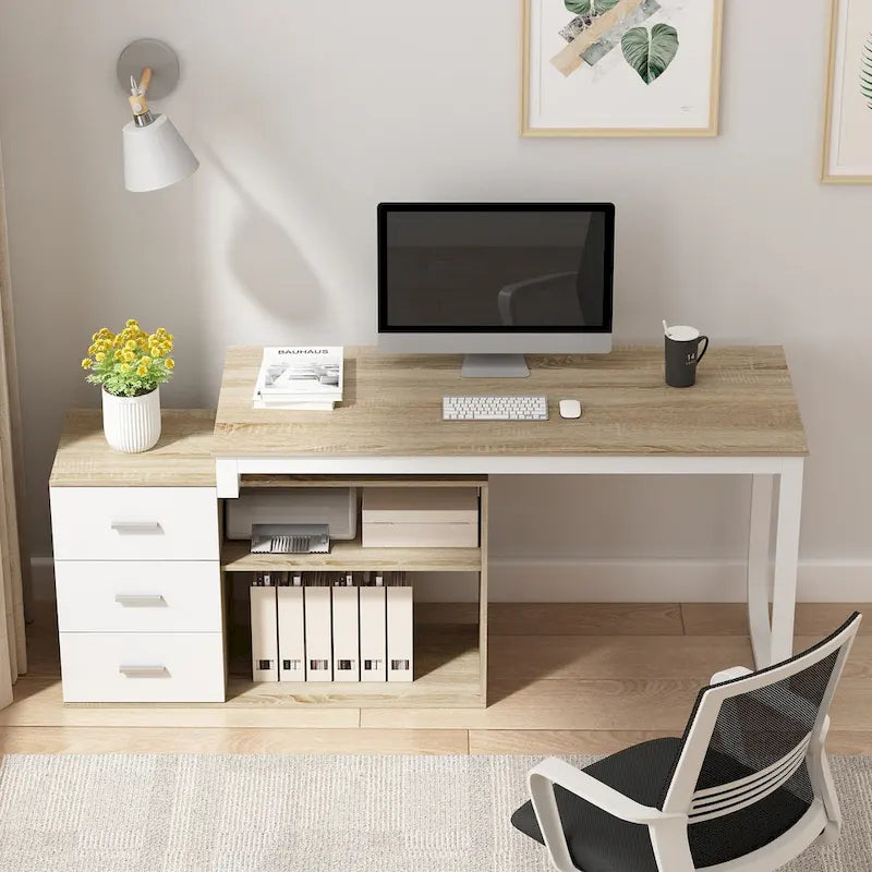 Bureau d'angle en L pour ordinateur de 140 cm avec tiroirs | Chêne / Gris-brun / Marron foncé / Noir / Blanc | 1 personne