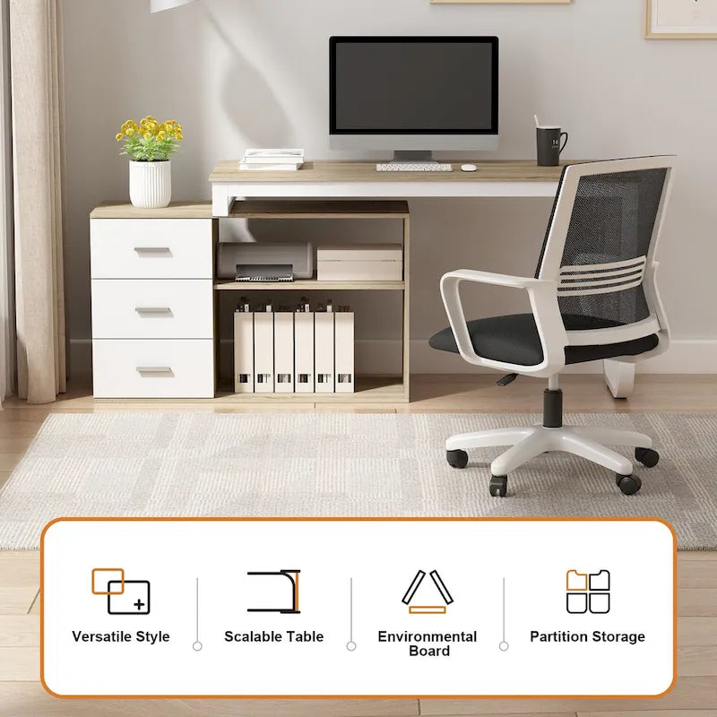 Bureau d'angle en L pour ordinateur de 140 cm avec tiroirs | Chêne / Gris-brun / Marron foncé / Noir / Blanc | 1 personne