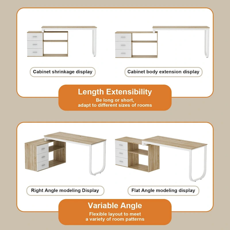 Bureau d'angle en L pour ordinateur de 140 cm avec tiroirs | Chêne / Gris-brun / Marron foncé / Noir / Blanc | 1 personne