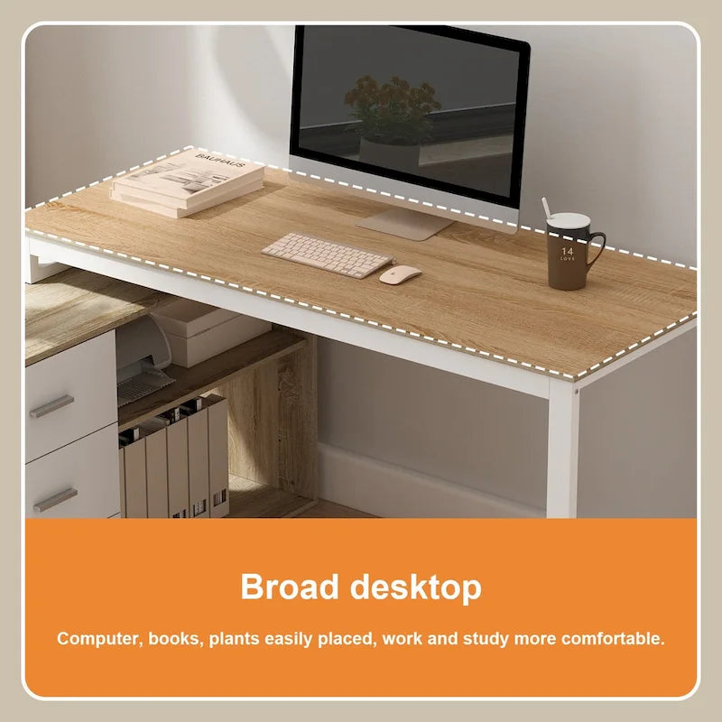 Bureau d'angle en L pour ordinateur de 140 cm avec tiroirs | Chêne / Gris-brun / Marron foncé / Noir / Blanc | 1 personne
